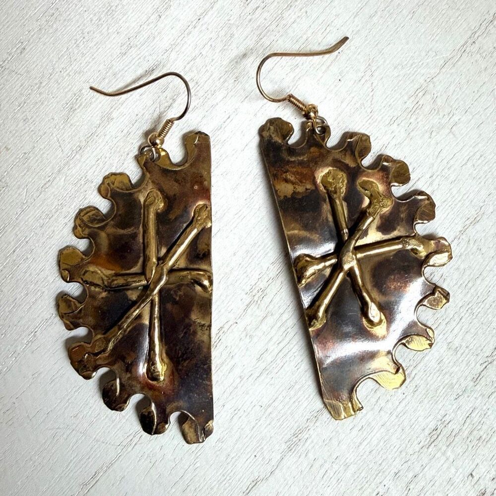 Vintage Artisan Patinated Brass Abstract Branch Dangle Earrings